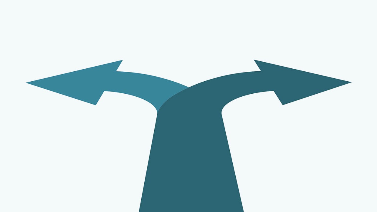 An illustration of arrows diverging in two different directions. An illustration of arrows diverging in two different directions.